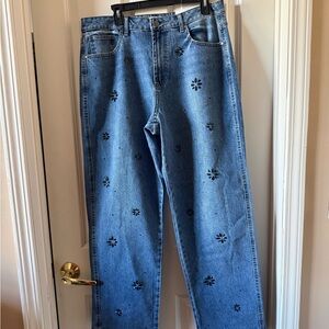 Embellished Blue Wide-Leg Jeans